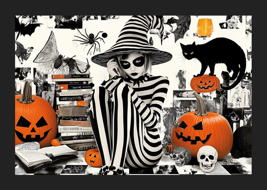 A spellbinding fusion of Halloween charm and black-and-white mystery-12
