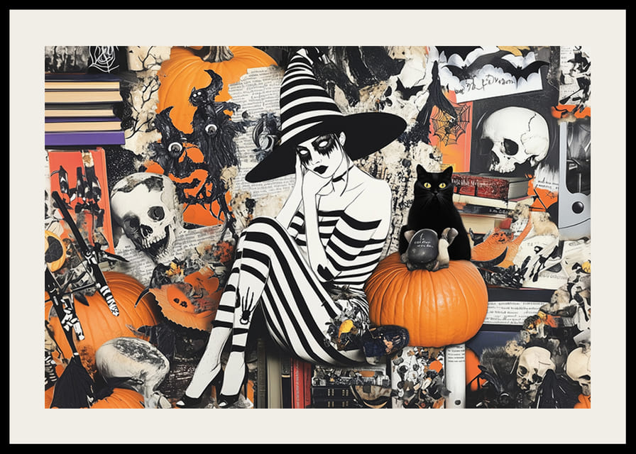 Misteriosa bruja en blanco y negro, rodeada de calabazas y libros.-12