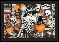 Misteriosa bruja en blanco y negro, rodeada de calabazas y libros.-4