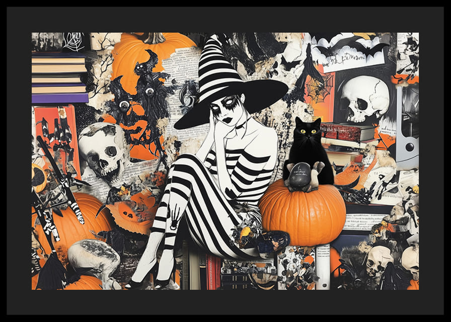 Misteriosa bruja en blanco y negro, rodeada de calabazas y libros.-12