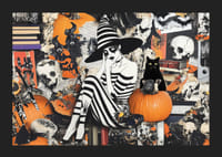 Misteriosa bruja en blanco y negro, rodeada de calabazas y libros.-5