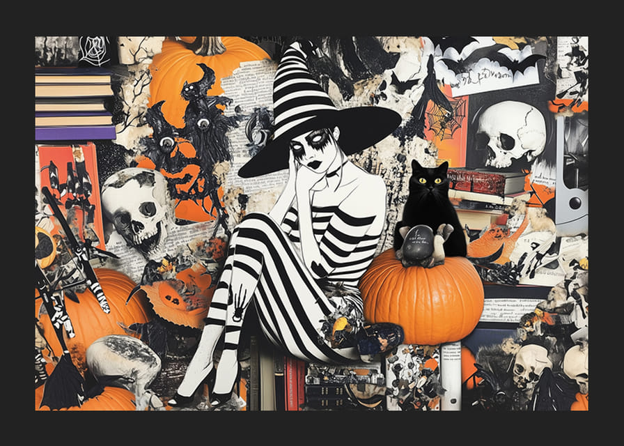 Misteriosa bruja en blanco y negro, rodeada de calabazas y libros.-12