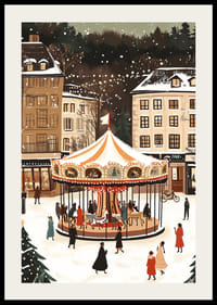 O scenă magică de iarnă cu un carusel acoperit de zăpadă în centru-2