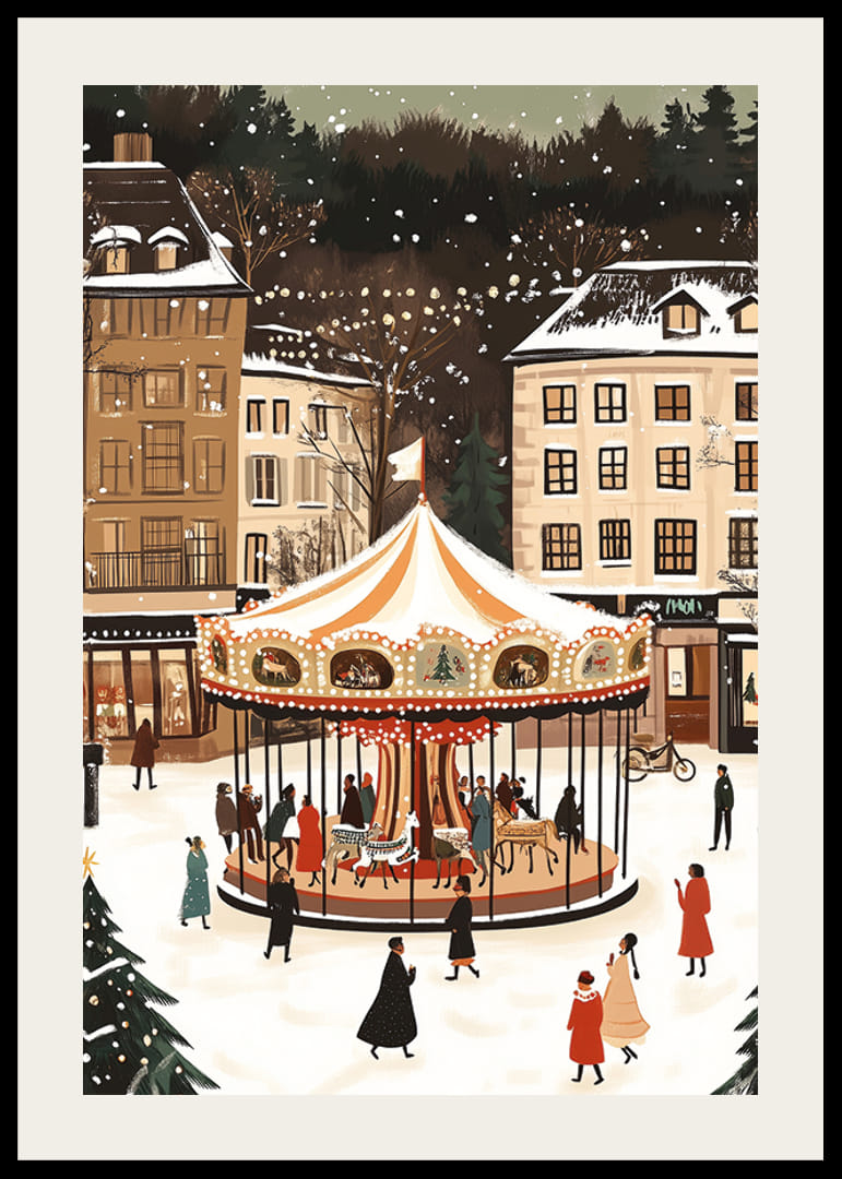O scenă magică de iarnă cu un carusel acoperit de zăpadă în centru-12