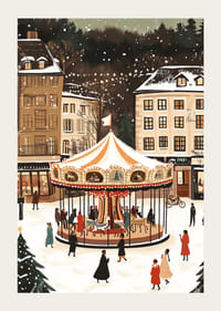 O scenă magică de iarnă cu un carusel acoperit de zăpadă în centru-3