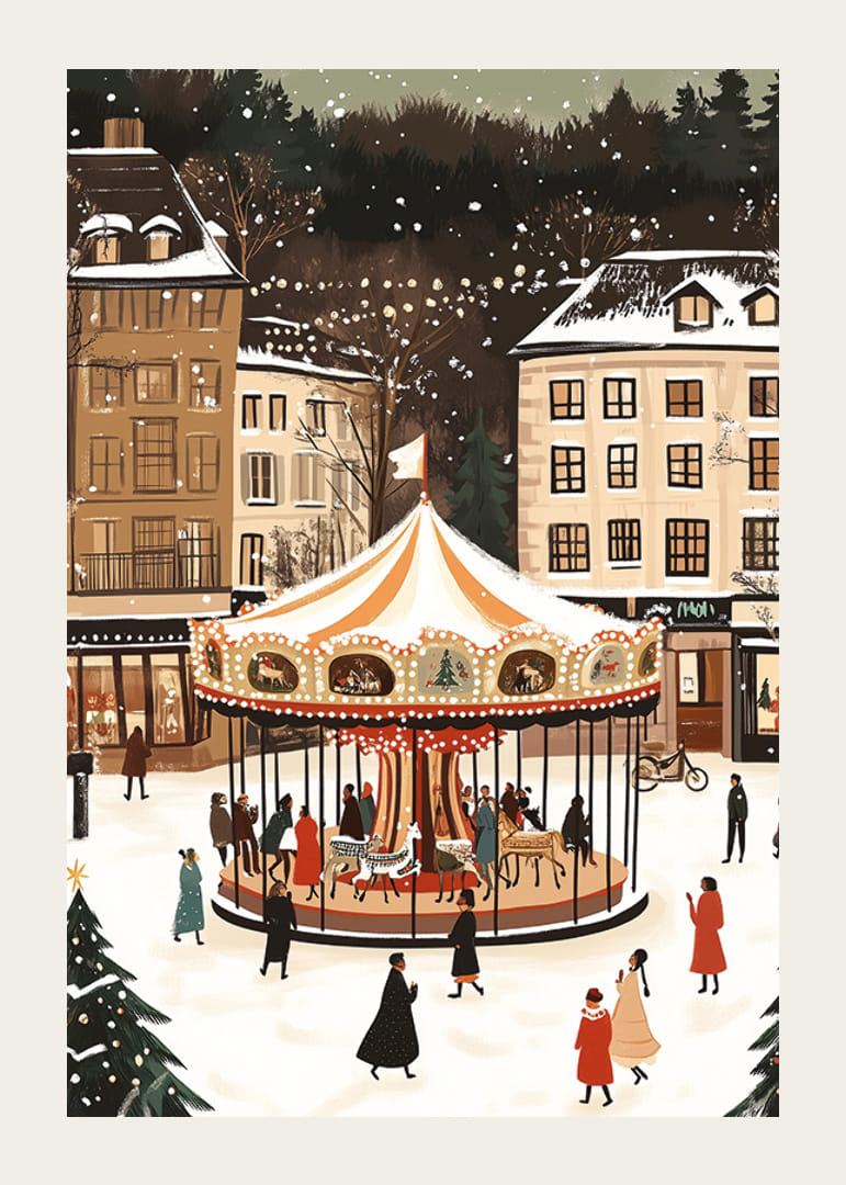 O scenă magică de iarnă cu un carusel acoperit de zăpadă în centru-12