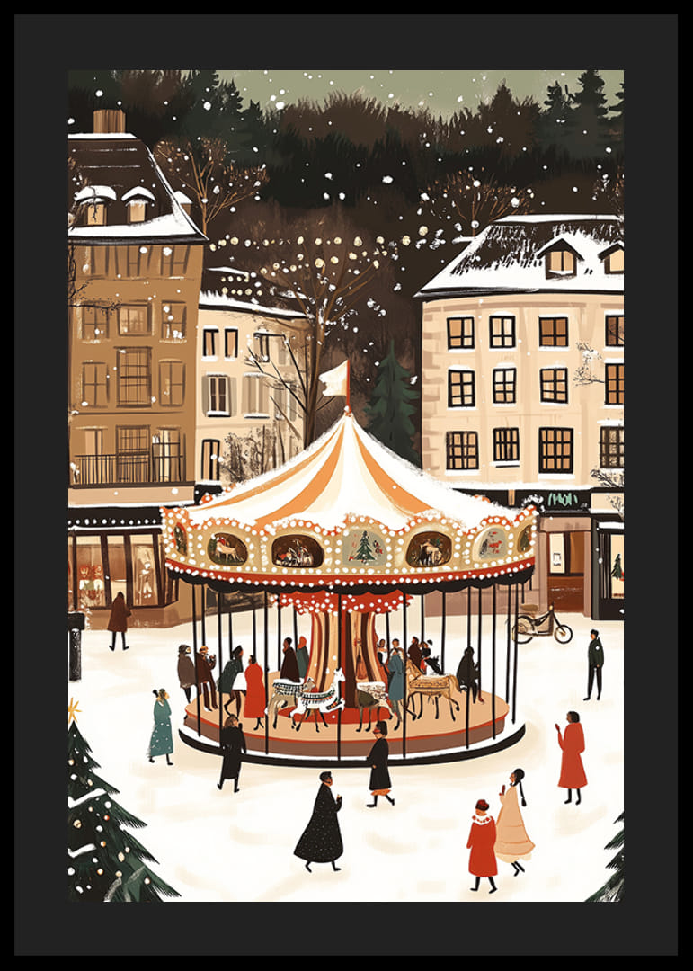 O scenă magică de iarnă cu un carusel acoperit de zăpadă în centru-12