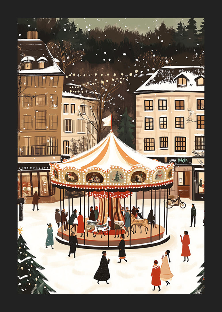 A magical winter scene with a snow-covered carousel in the center-12