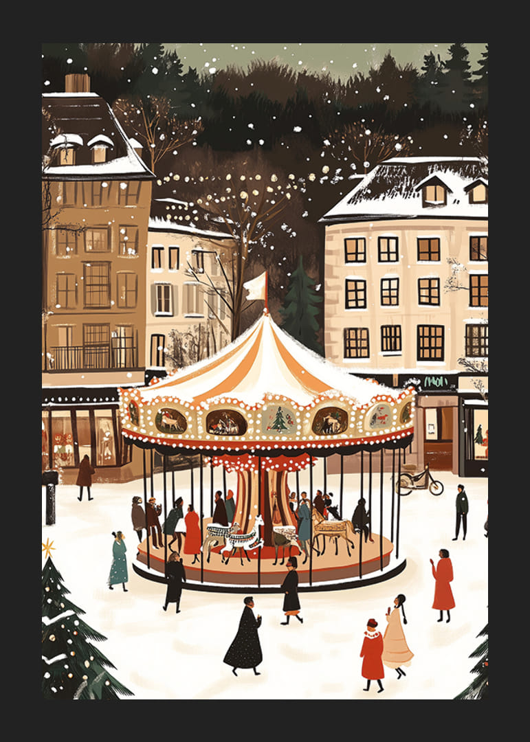 O scenă magică de iarnă cu un carusel acoperit de zăpadă în centru-12