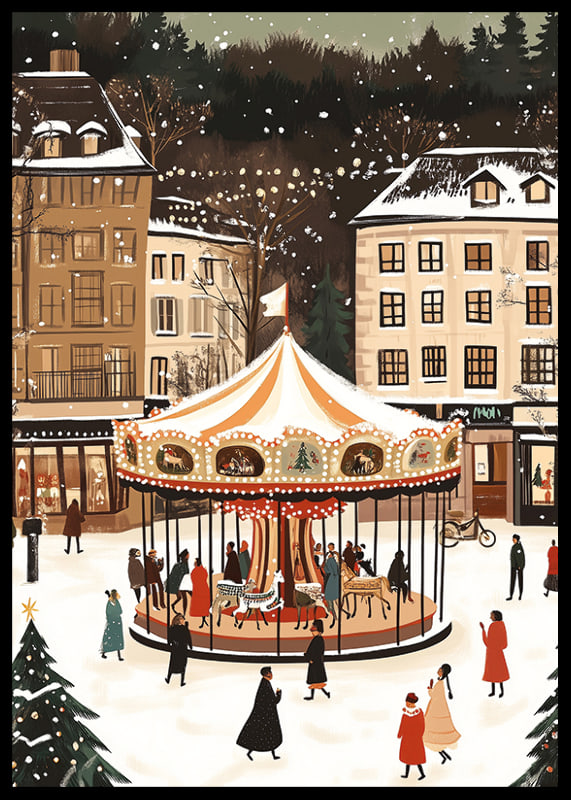 A magical winter scene with a snow-covered carousel in the center-12