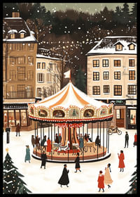 Une scène d'hiver magique avec un carrousel recouvert de neige au centre-2