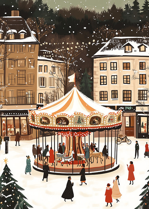 A magical winter scene with a snow-covered carousel in the center-12