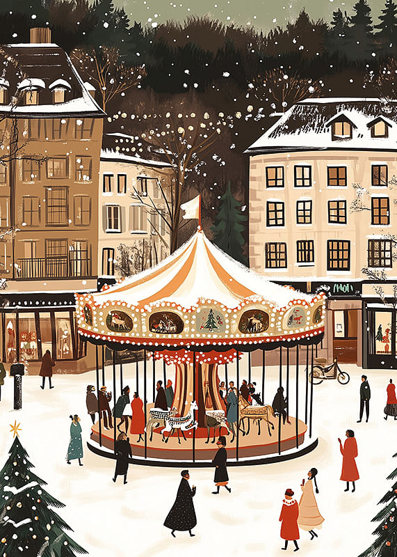 Une scène d'hiver magique avec un carrousel recouvert de neige au centre-12