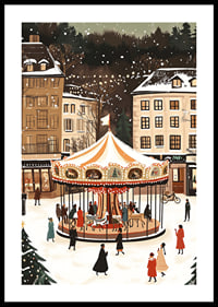 A magical winter scene with a snow-covered carousel in the center-0