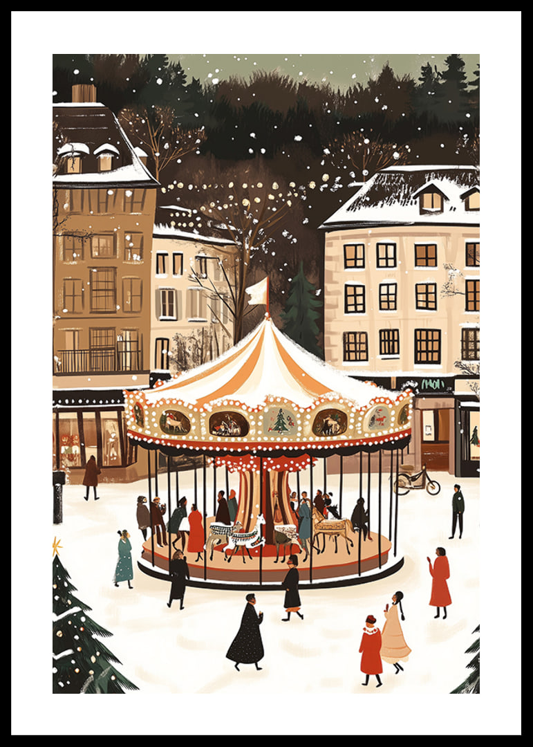 A magical winter scene with a snow-covered carousel in the center-12