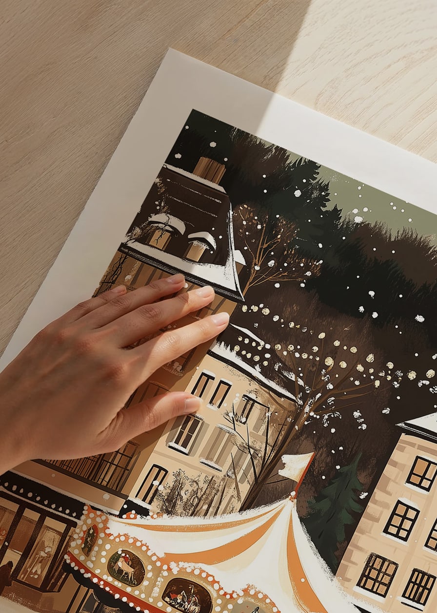 A magical winter scene with a snow-covered carousel in the center-12