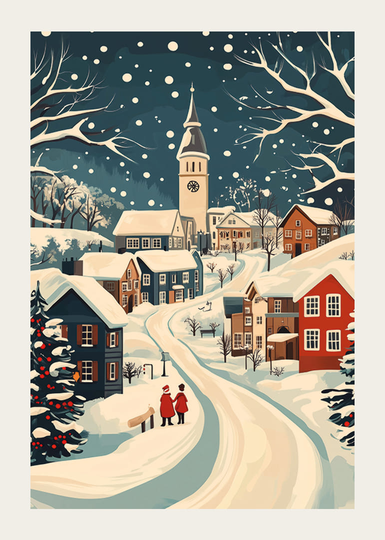 Žavingas žiemos miestelis su apsnigtais namais ir atmosferiniu sniegu-12