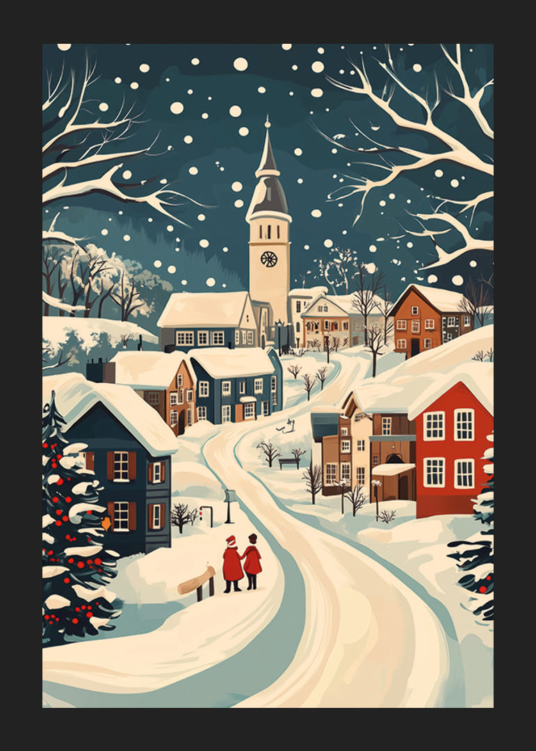 Žavingas žiemos miestelis su apsnigtais namais ir atmosferiniu sniegu-12