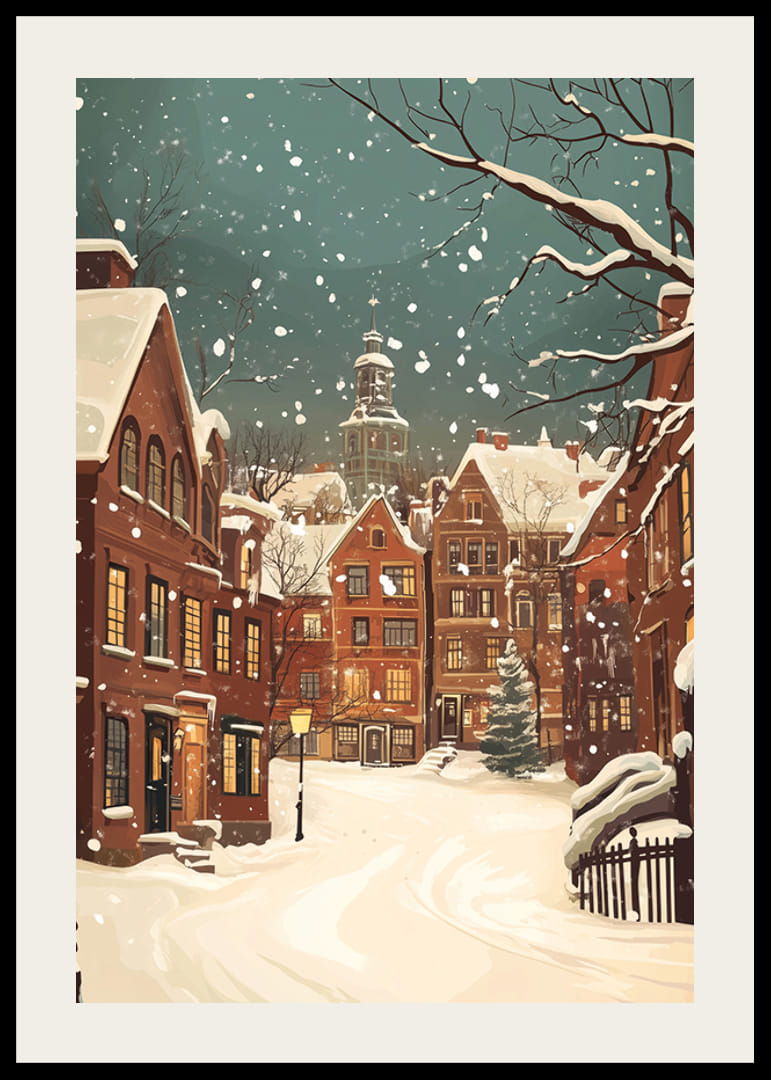 Uma cena de inverno onde a neve silencia as ruas e as luzes brilham calorosamente-12