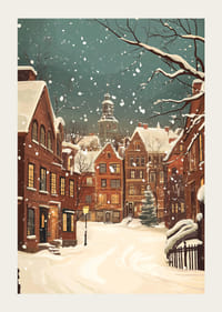 Uma cena de inverno onde a neve silencia as ruas e as luzes brilham calorosamente-3