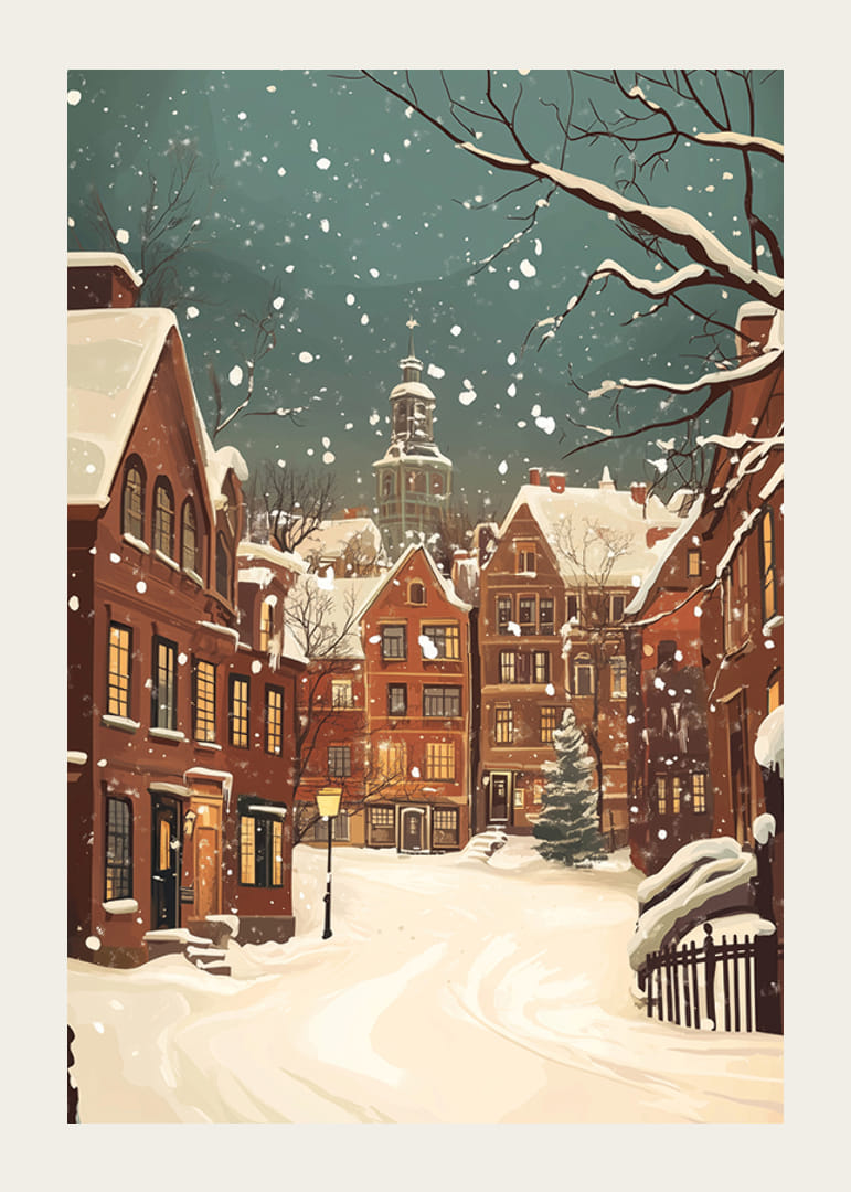 Uma cena de inverno onde a neve silencia as ruas e as luzes brilham calorosamente-12