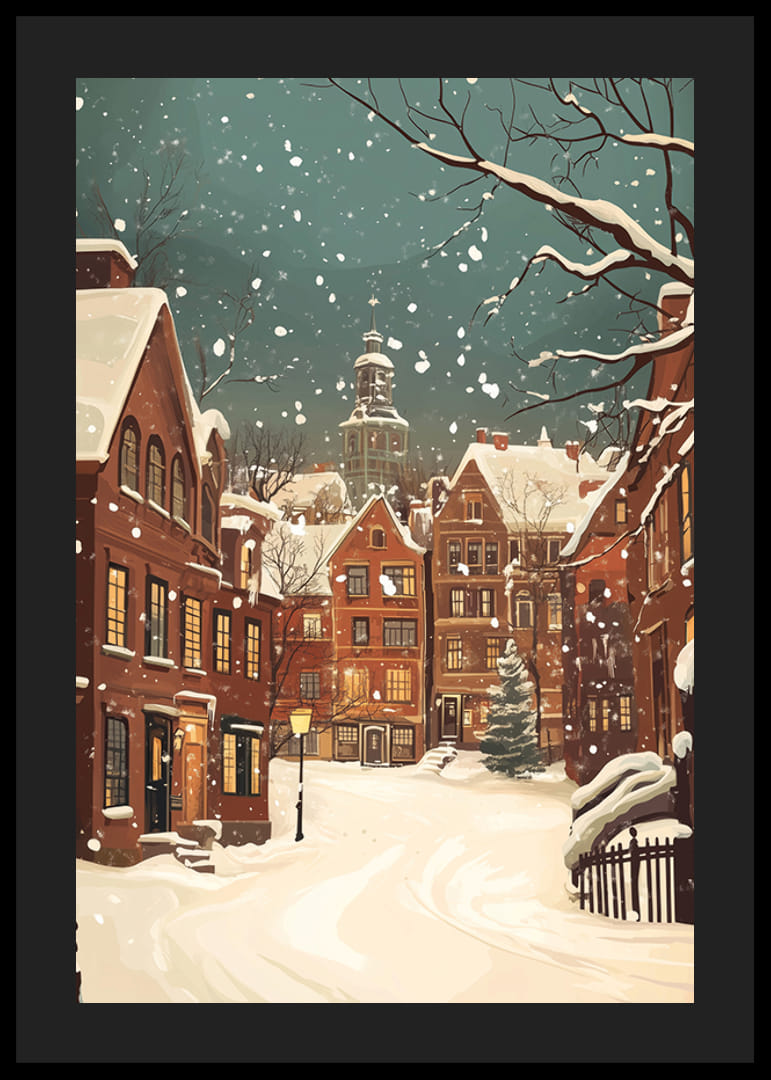 Uma cena de inverno onde a neve silencia as ruas e as luzes brilham calorosamente-12