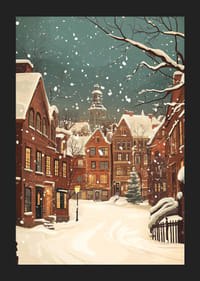 Uma cena de inverno onde a neve silencia as ruas e as luzes brilham calorosamente-5