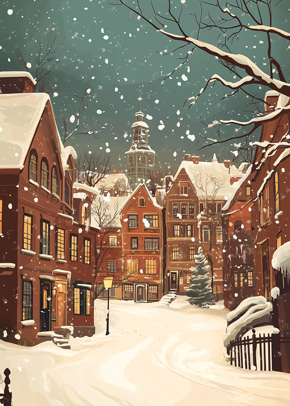 A winter scene where the snow silences the streets and the lights shine warmly-12