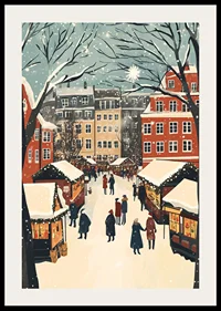 A winter town filled with market stalls and snowflakes in the air-2