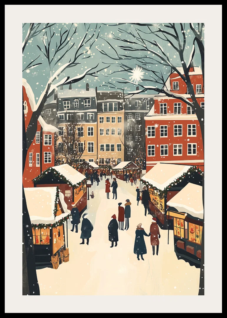 A winter town filled with market stalls and snowflakes in the air-12