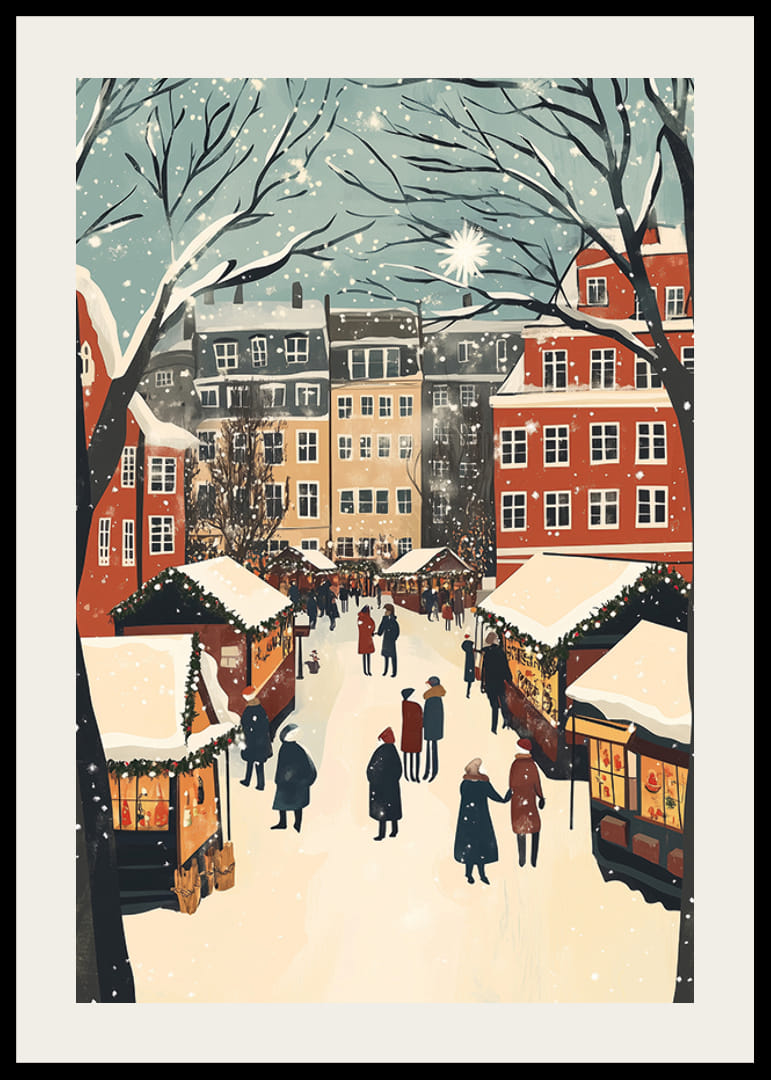 Een winterstad vol marktkraampjes en sneeuwvlokken in de lucht-12