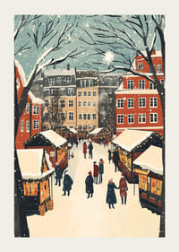 Een winterstad vol marktkraampjes en sneeuwvlokken in de lucht-3