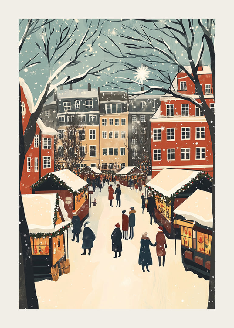 Een winterstad vol marktkraampjes en sneeuwvlokken in de lucht-12