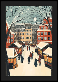 En vinterstad fylld av marknadsstånd och snöflingor i luften-4