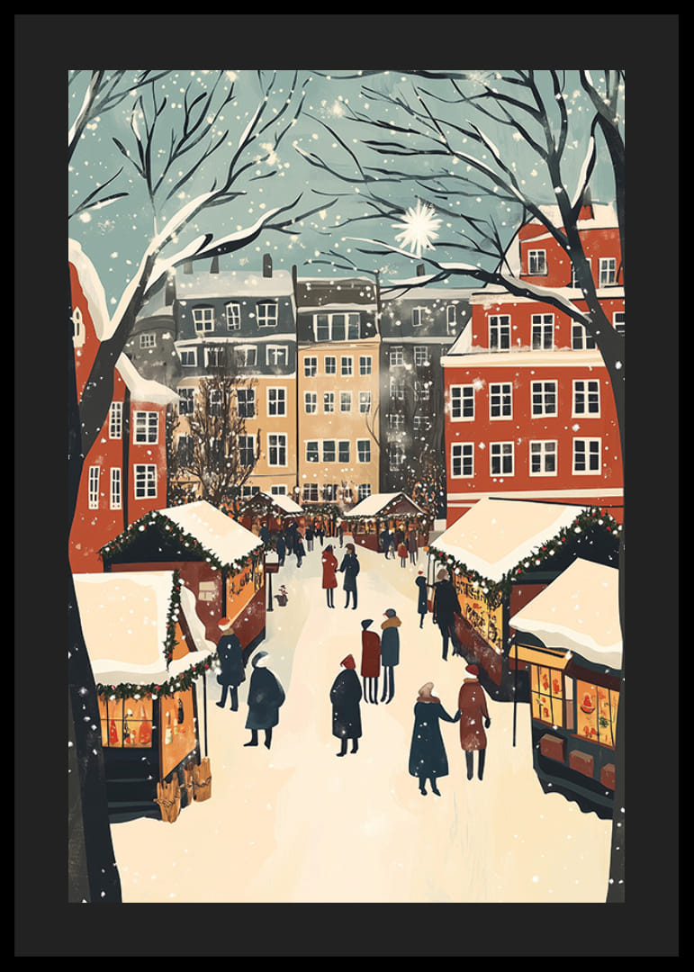 Een winterstad vol marktkraampjes en sneeuwvlokken in de lucht-12