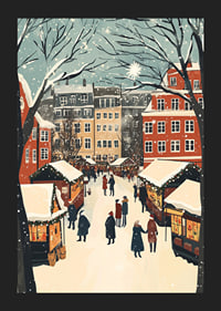 En vinterstad fylld av marknadsstånd och snöflingor i luften-5