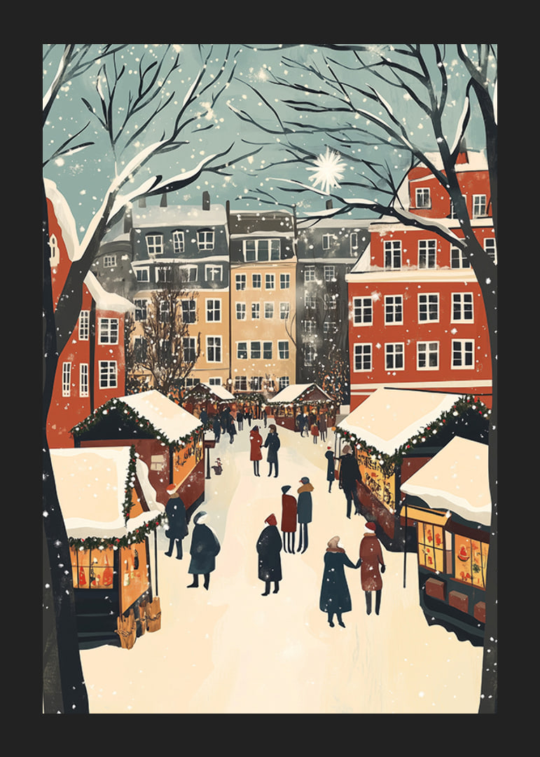 En vinterstad fylld av marknadsstånd och snöflingor i luften-12