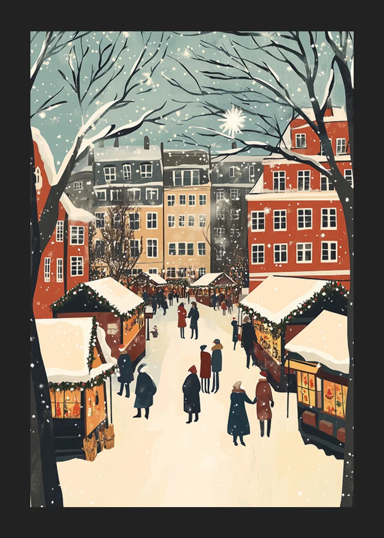 A winter town filled with market stalls and snowflakes in the air-12