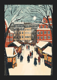 Een winterstad vol marktkraampjes en sneeuwvlokken in de lucht-5