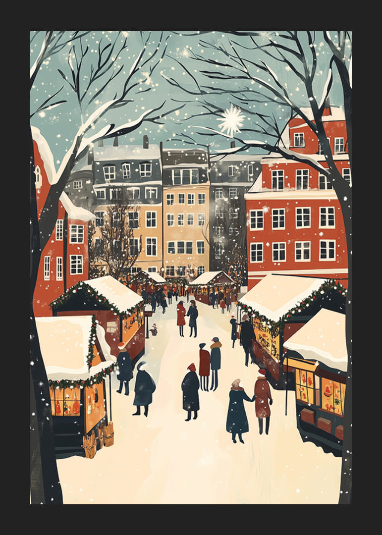 Een winterstad vol marktkraampjes en sneeuwvlokken in de lucht-12