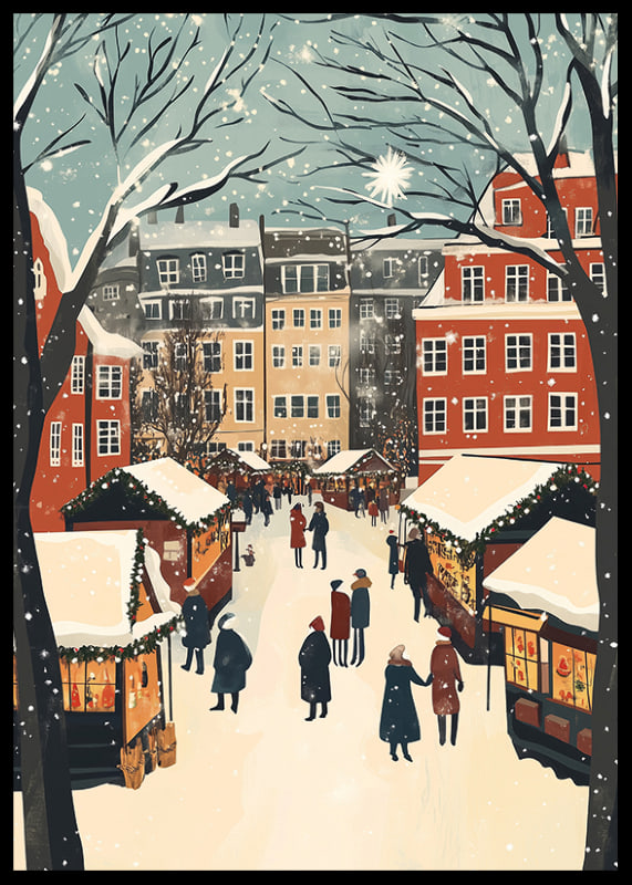 En vinterstad fylld av marknadsstånd och snöflingor i luften-12