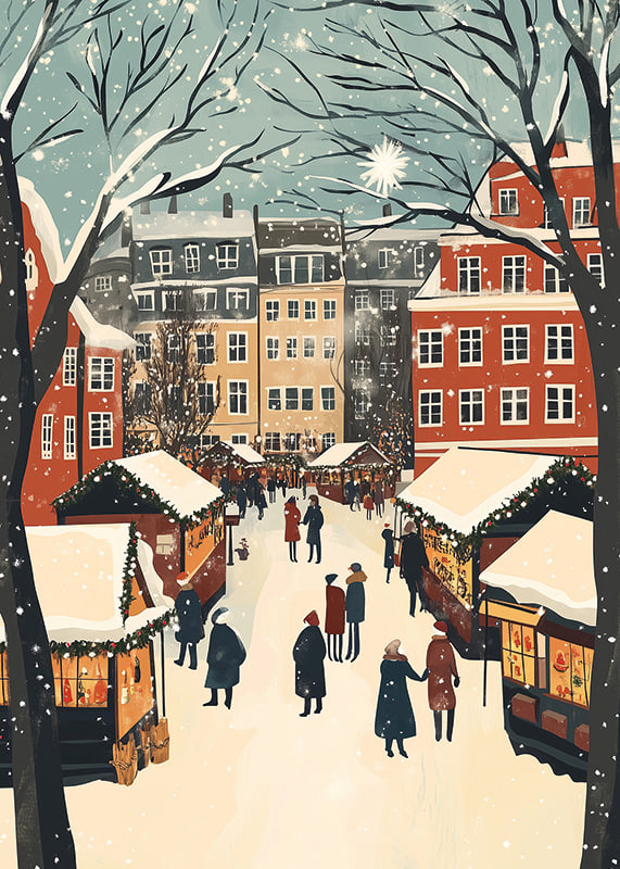 En vinterstad fylld av marknadsstånd och snöflingor i luften-12