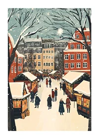 A winter town filled with market stalls and snowflakes in the air-1