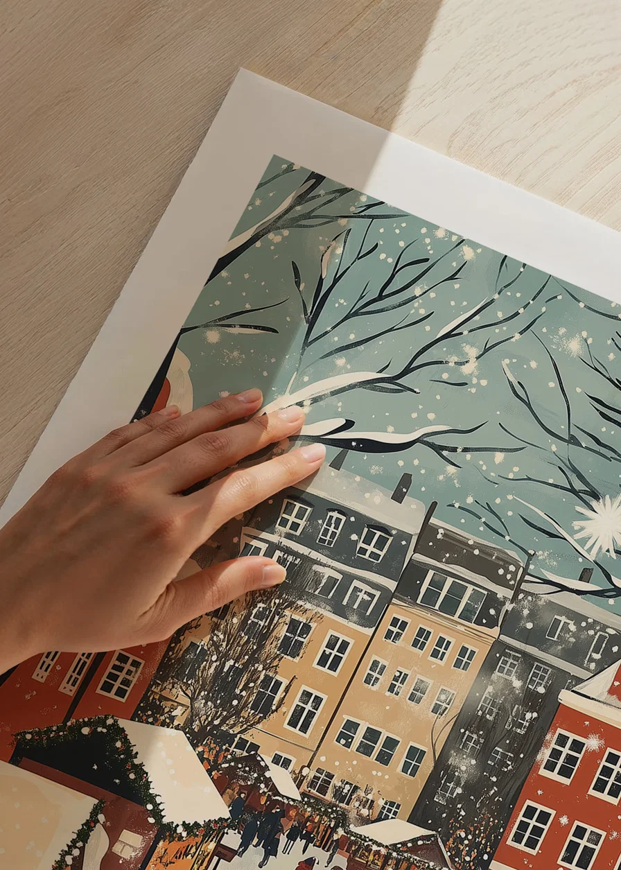 A winter town filled with market stalls and snowflakes in the air-12