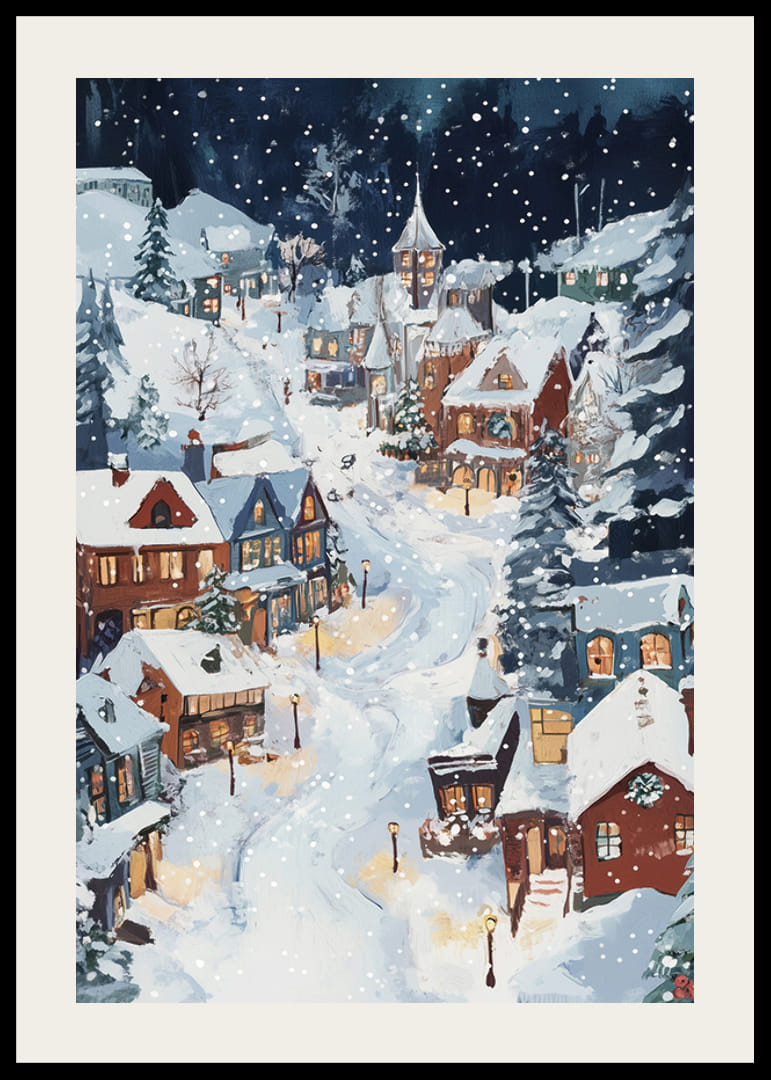 A magical winter scene with snow-covered houses and a starry night-12