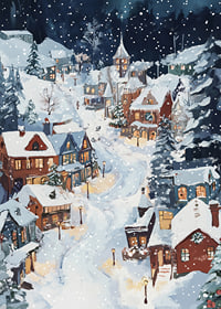 A magical winter scene with snow-covered houses and a starry night-7