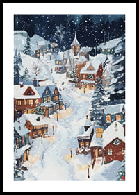 A magical winter scene with snow-covered houses and a starry night-0