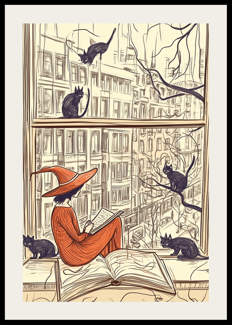 Una scena magica con una strega e dei gatti alla finestra-12