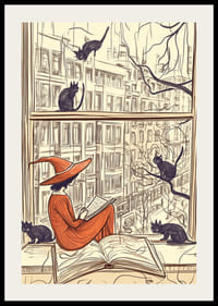 A magical scene with a witch and cats at a window-2