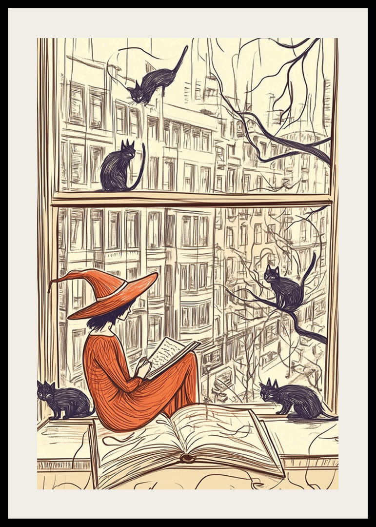 A magical scene with a witch and cats at a window-12